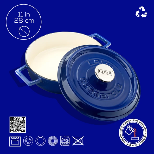 Lava Döküm Çok Amaçlı Yayvan Tencere Döküm Demir Yekpare Kulplu Edition Serisi Çap(Ø)28cm.  Mavi - Resim 4