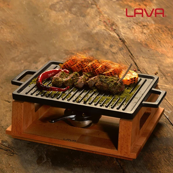 Lava Döküm Dikdörtgen Çift Yön Izgara Hot Plate Döküm Demir Yekpare Çift Kulplu Kayın Servis Ahşabı Ölçü 22x30cm.(Isıtıcı dahil değildir.) - 7