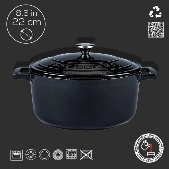 Lava Döküm Yuvarlak Tencere. Folk Çap(Ø) 22cm.  Siyah - Resim 4