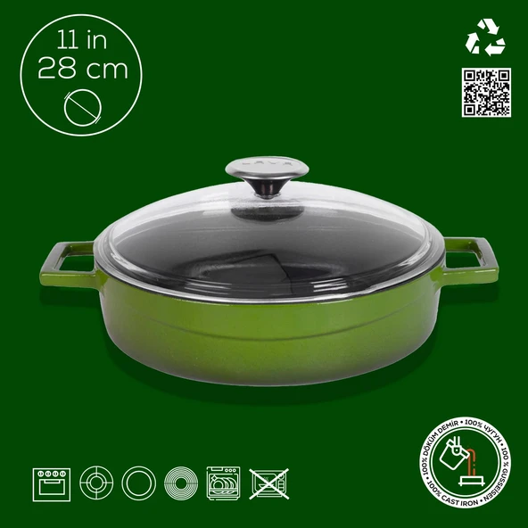 Lava Döküm Çok Amaçlı Yayvan Tencere. Glaze Serisi Çap(Ø)28cm.  Yeşil - 3