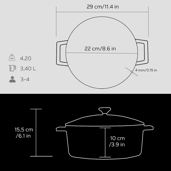 Lava Döküm Yuvarlak Tencere. Folk Çap(Ø) 22cm.  Siyah - Resim 5