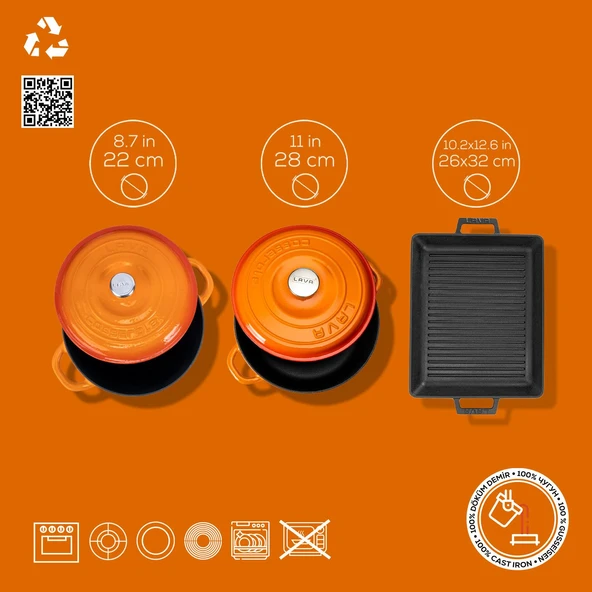 Lava Döküm 6X New Heritage Serisi Döküm Demir Tencere Tava Çeyiz Seti  Turuncu - 5