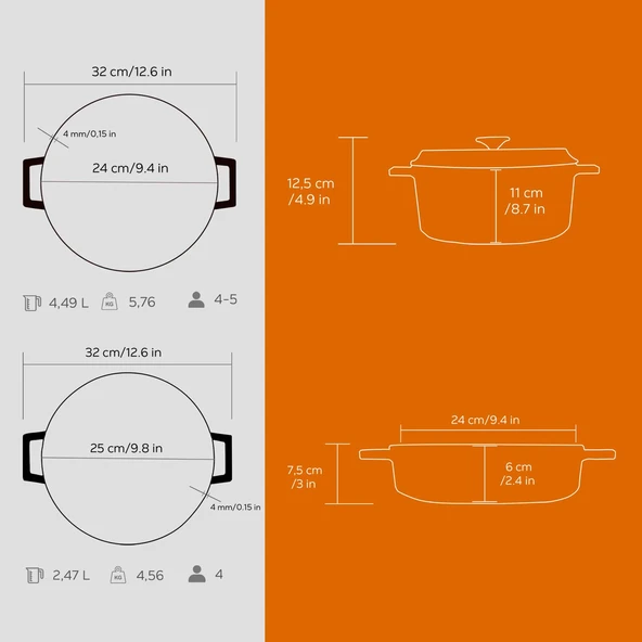 Lava Döküm Yuvarlak Derin ve Sığ 5 Parça Tencere Seti  Turuncu - Resim 8