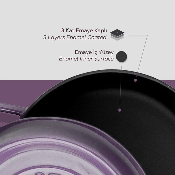 Lava Döküm Çok Amaçlı Yayvan Tencere. Trendy Serisi Çap(Ø)24cm.  Mor - Resim 6