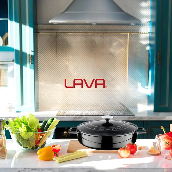 Lava Döküm Çok Amaçlı Yayvan Tencere. Folk Serisi Çap(Ø)28cm.  Siyah - Resim 7