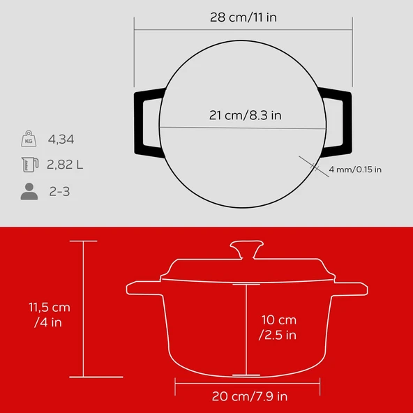 Lava Döküm Yuvarlak Tencere. Trendy Çap(Ø)20cm.  Kırmızı - Resim 5