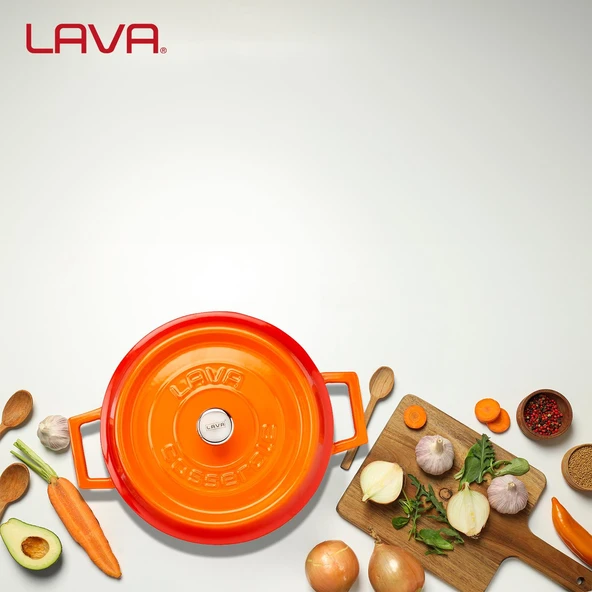 Lava Döküm Yuvarlak Tencere. Trendy Çap(Ø) 24cm.  Turuncu - Resim 7