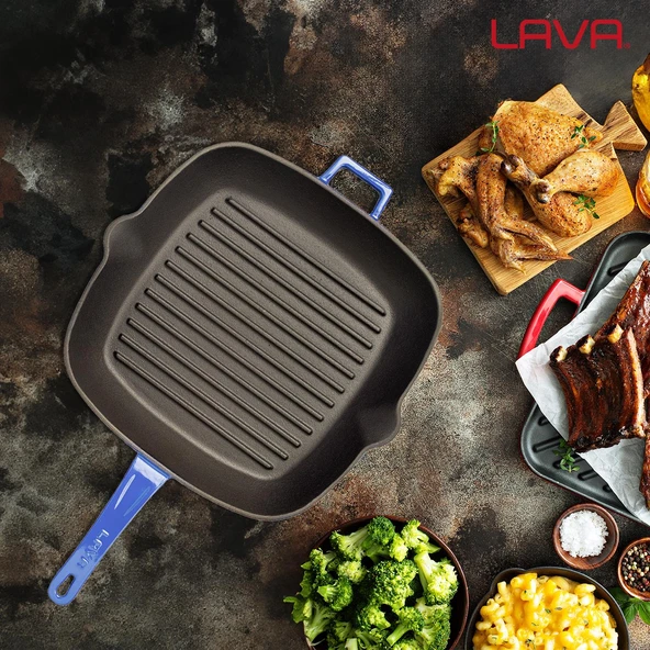 Lava Döküm Kare Izgara Tava Döküm Demir Yekpare Saplı Ölçü 28x28cm.  Mavi - Resim 7