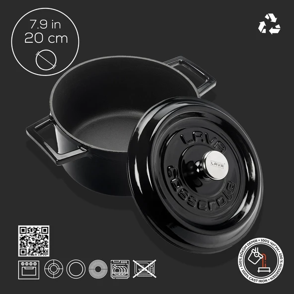 Lava Döküm Yuvarlak Tencere. Trendy Çap(Ø)20cm.  Siyah - Resim 4
