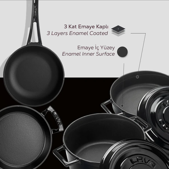 Lava Döküm 4x Trendy Serisi 7 Parça Tencere & Tava Seti  Siyah - Resim 5