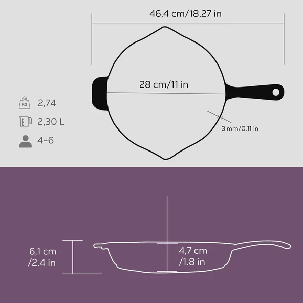 Lava Döküm Yuvarlak Kızartma Tavası Döküm Demir Yekpare Saplı. Çap(Ø)28cm  Mor - Resim 5