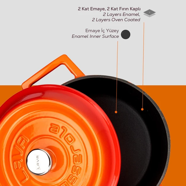 Lava Döküm Yuvarlak Tencere. Trendy Çap(Ø)20cm.  Turuncu - Resim 6