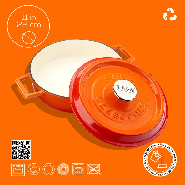 Lava Döküm Çok Amaçlı Yayvan Tencere Döküm Demir Yekpare Kulplu Edition Serisi Çap(Ø)28cm.  Turuncu - Resim 4