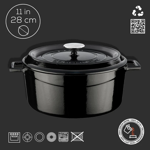 Lava Döküm Yuvarlak Tencere. Trendy Çap(Ø)28cm.  Siyah - 4