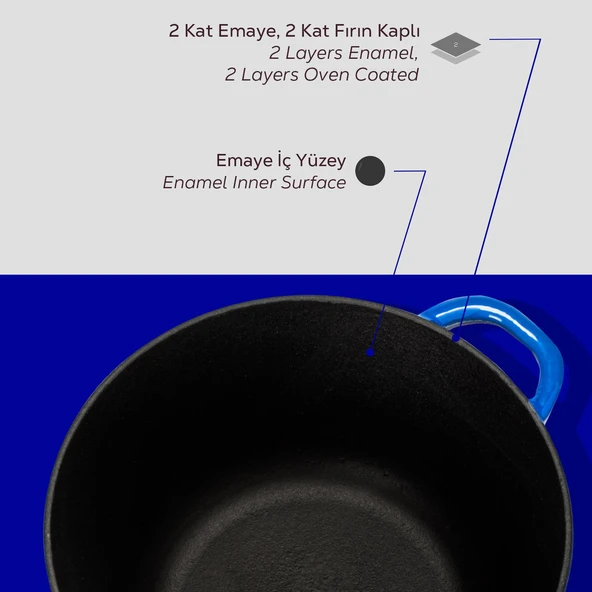 Lava Döküm Yuvarlak Tencere Döküm Demir Kapak New Heritage Serisi Çap(Ø)24cm.  Mavi - Resim 6