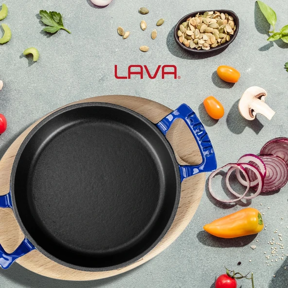 Lava Döküm Yuvarlak Sahan Döküm Demir Yekpare Çift Kulplu Kayın Servis Ahşabı. Çap(Ø)20cm.  Mavi - Resim 7