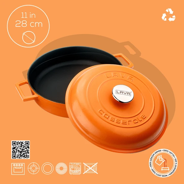 Lava Döküm Çok Amaçlı Yayvan Tencere Döküm Demir Kubbe Form Kapak Spring Serisi Çap(Ø)28cm.  Turuncu - 4