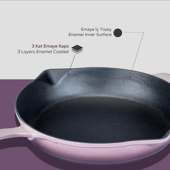 Lava Döküm Yuvarlak Kızartma Tavası Döküm Demir Yekpare Saplı. Çap(Ø)28cm  Mor - Resim 6