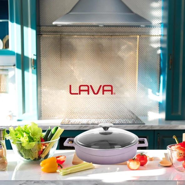 Lava Döküm Çok Amaçlı Yayvan Tencere. Glaze Serisi Çap(Ø)28cm.  Mor - Resim 7