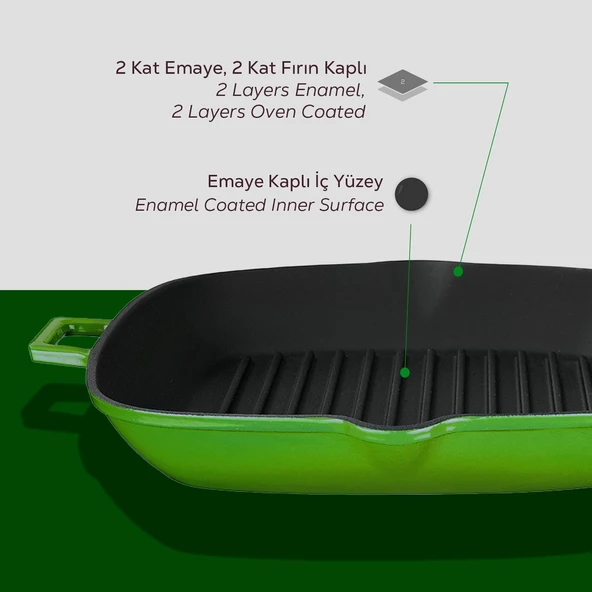 Lava Döküm Kare Izgara Tava Döküm Demir Yekpare Saplı Ölçü 28x28cm.  Yeşil - Resim 5