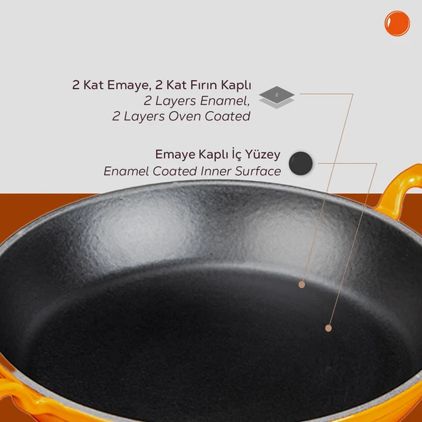 Lava Döküm Yuvarlak Sahan Döküm Demir Yekpare Çift Kulplu Çap(Ø)24cm.  Turuncu - Resim 6