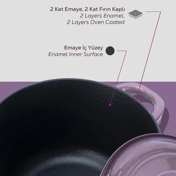 Lava Döküm Yuvarlak Tencere Döküm Demir Kapak New Heritage Serisi Çap(Ø)24cm.  Mor - Resim 6