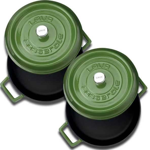 Lava Döküm Yuvarlak Derin ve Sığ 5 Parça Tencere Seti  Yeşil - Resim 4
