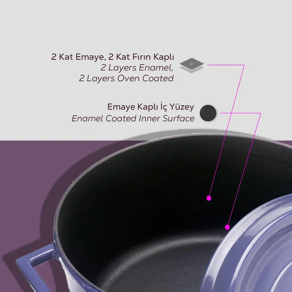 Lava Döküm Yuvarlak Tencere. Trendy Çap(Ø)28cm.  Mor - Resim 6