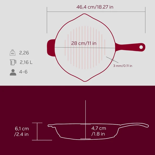 Lava Döküm Yuvarlak Izgara Tavası Döküm Demir Yekpare Saplı Premium Serisi. Çap(Ø)28cm.  Mor - Resim 5