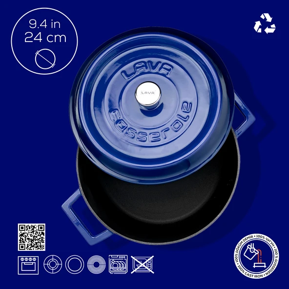Lava Döküm Yuvarlak Tencere. Trendy Çap(Ø) 24cm.  Mavi - Resim 4