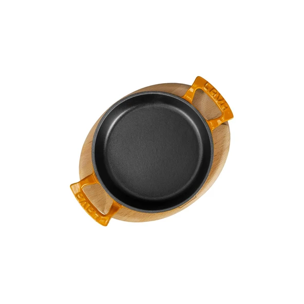 Lava Döküm Yuvarlak Sahan Döküm Demir Yekpare Çift Kulplu Kayın Servis Ahşabı. Çap(Ø)20cm.  Turuncu - Resim 3