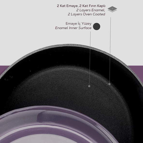 Lava Döküm Yuvarlak Tencere. Trendy Çap(Ø) 24cm.  Mor - Resim 6