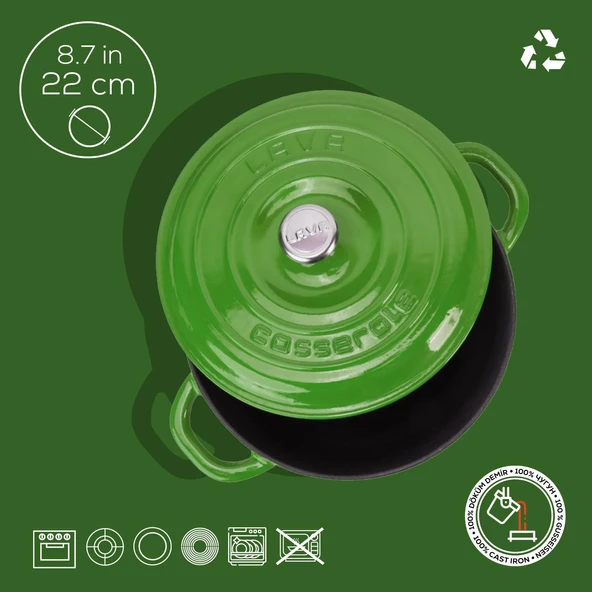 Lava Döküm Yuvarlak Tencere Döküm Demir Kapak New Heritage Serisi Çap(Ø)22cm.  Yeşil - Resim 4