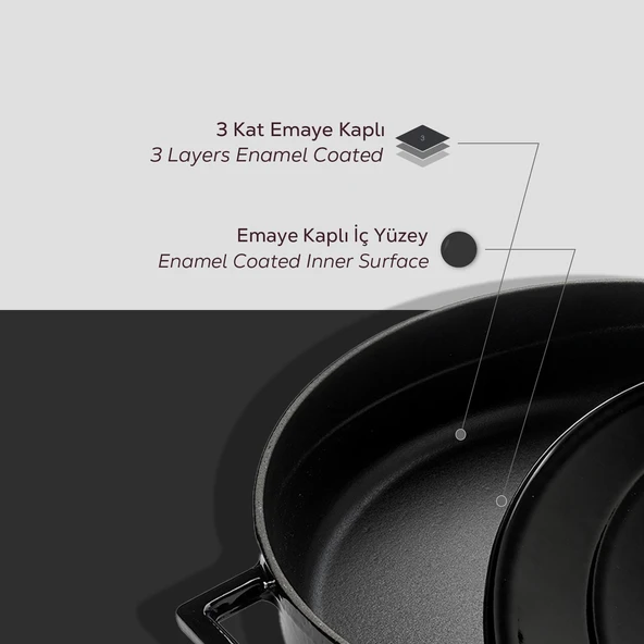 Lava Döküm Çok Amaçlı Yayvan Tencere. Folk Serisi Çap(Ø)28cm.  Siyah - Resim 6