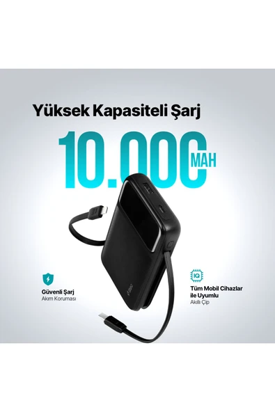 Ttec 2BB215S ReCharger Pro LCD 10.000 mAh PD 22,5W Lightning ve USB-C Dahili Kablolu Taşınabilir Hızlı Şarj Aleti - 2