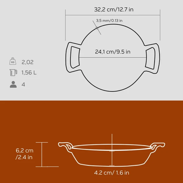 Lava Döküm Yuvarlak Sahan Döküm Demir Yekpare Çift Kulplu Çap(Ø)24cm.  Turuncu - Resim 5