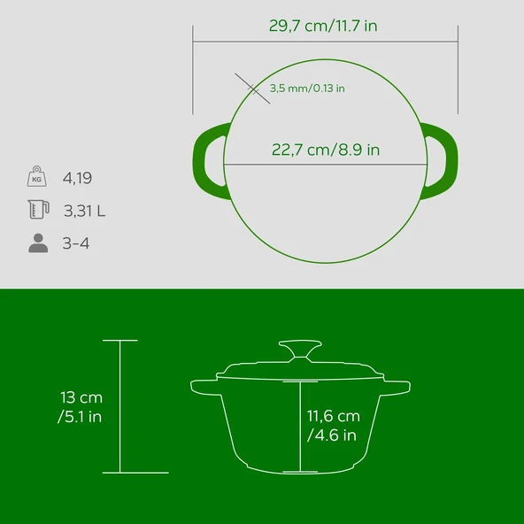 Lava Döküm Yuvarlak Tencere Döküm Demir Kapak New Heritage Serisi Çap(Ø)22cm.  Yeşil - Resim 5