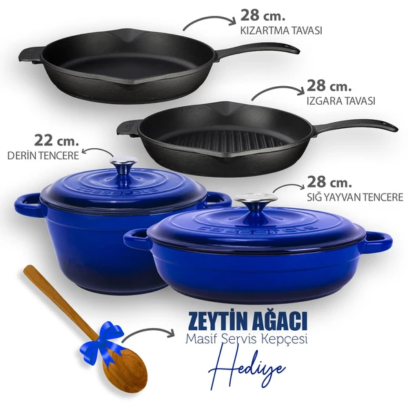 Lava Döküm 4X New Heritage Serisi Döküm Demir Tencere Tava Çeyiz Seti Mavi