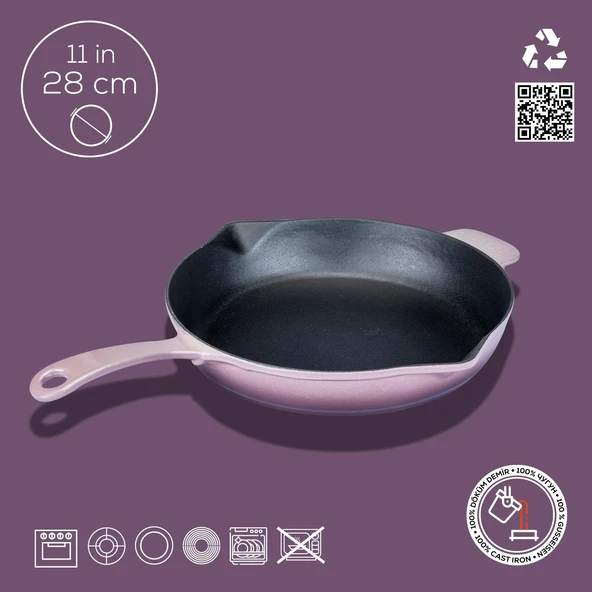 Lava Döküm Yuvarlak Kızartma Tavası Döküm Demir Yekpare Saplı. Çap(Ø)28cm  Mor - Resim 4