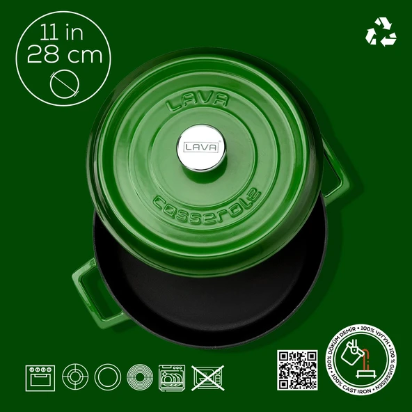Lava Döküm Çok Amaçlı Yayvan Tencere. Trendy Serisi Çap(Ø)28cm.  Yeşil - Resim 4