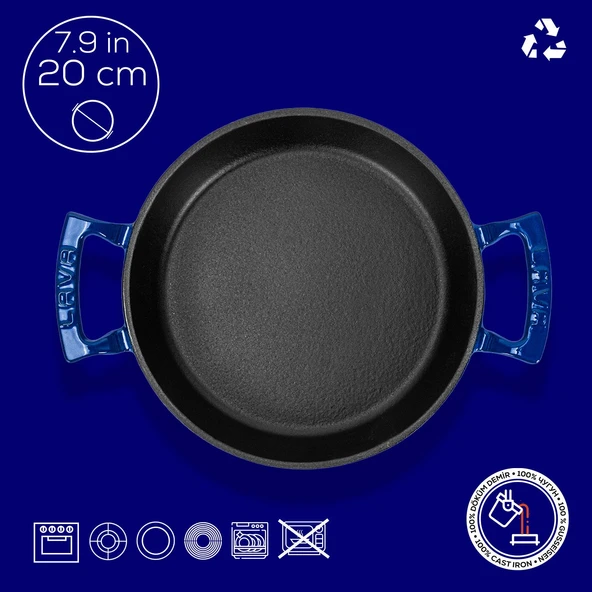 Lava Döküm Yuvarlak Sahan Döküm Demir Yekpare Çift Kulplu Çap(Ø)20cm.  Mavi - Resim 4
