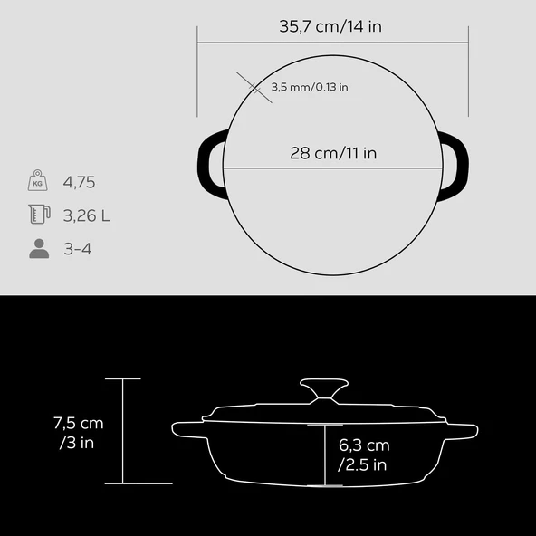 Lava Döküm Yuvarlak Çok Amaçlı Yayvan Tencere New Heritage Serisi Çap(Ø)28cm.  Siyah - Resim 5