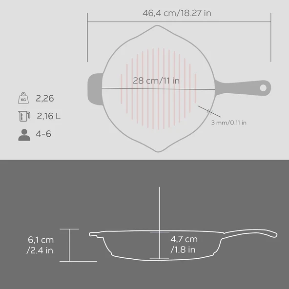 Lava Döküm Yuvarlak Izgara Tavası Döküm Demir Yekpare Saplı Premium Serisi. Çap(Ø)28cm.  Gri - 5