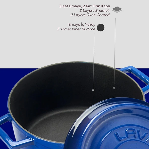 Lava Döküm Yuvarlak Tencere. Trendy Çap(Ø) 24cm.  Mavi - Resim 6
