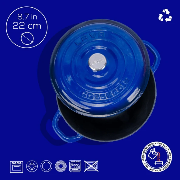 Lava Döküm Yuvarlak Tencere Döküm Demir Kapak New Heritage Serisi Çap(Ø)22cm.  Mavi - 4