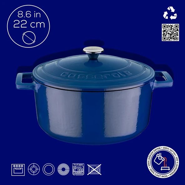 Lava Döküm Yuvarlak Tencere. Folk Çap(Ø) 22cm.  Mavi - Resim 4