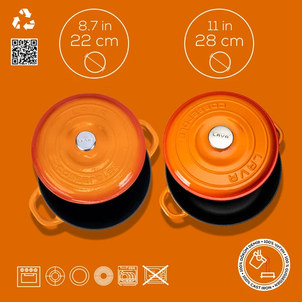Lava Döküm 2X New Heritage Serisi Döküm Demir Tencere Tava Seti  Turuncu - Resim 4