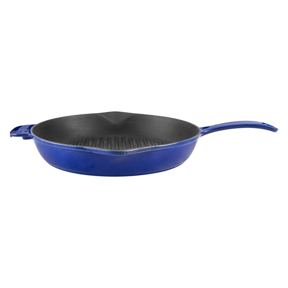 Lava Döküm Yuvarlak Izgara Tavası Döküm Demir Yekpare Saplı Premium Serisi. Çap(Ø)28cm.  Mavi
