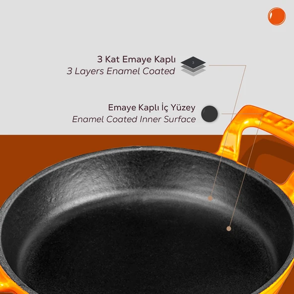 Lava Döküm Yuvarlak Sahan Döküm Demir Yekpare Çift Kulplu Çap(Ø)20cm.  Turuncu - Resim 6