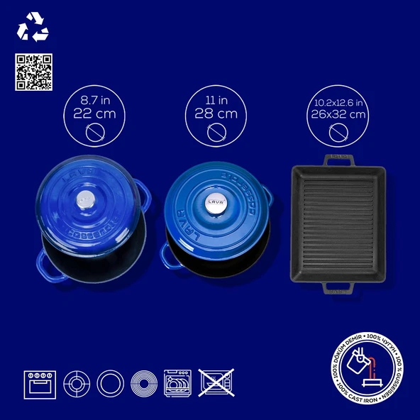 Lava Döküm 6X New Heritage Serisi Döküm Demir Tencere Tava Çeyiz Seti  Mavi - Resim 5